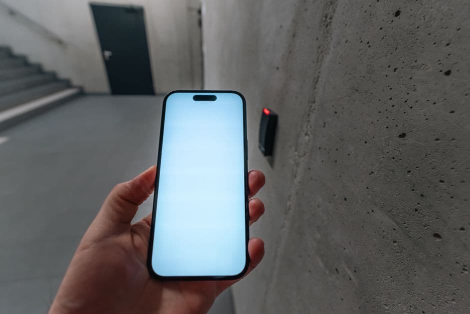 屋内の階段とドアがあるコンクリートの通路で、手に持ったスマートフォンの画面を光らせている写真