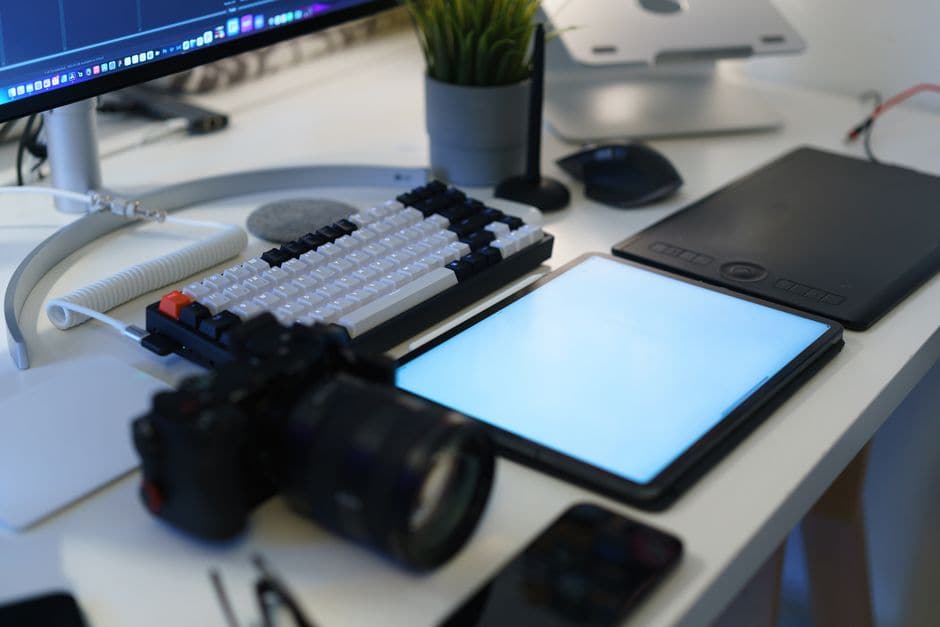 ノートパソコン、グラフィックタブレット、キーボードが並んだクリエイティブな作業デスク（イメージ写真）