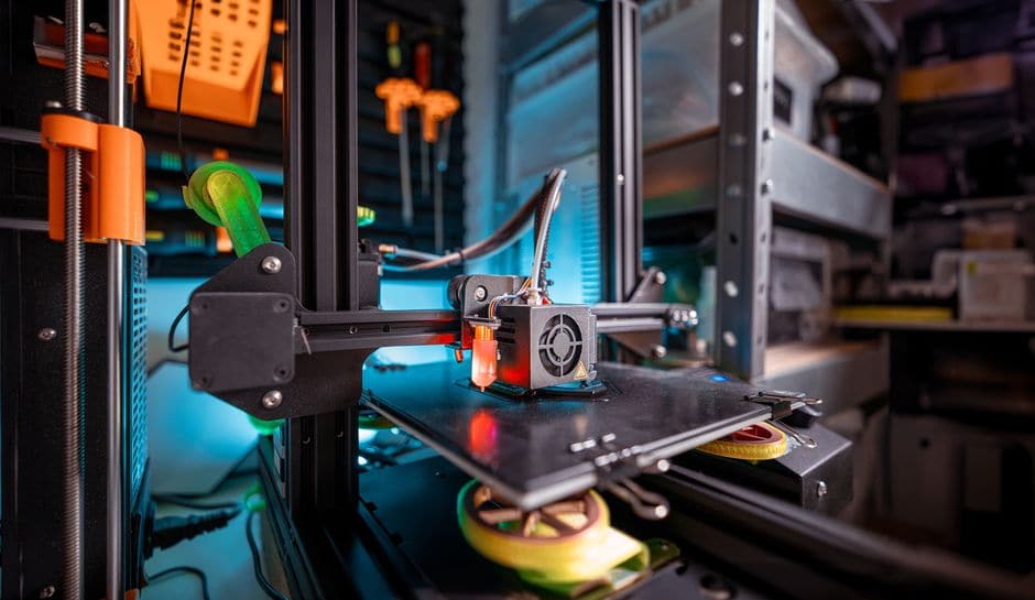作業台の上で稼働している3Dプリンター（イメージ写真）